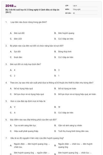 Bộ 3 đề thi cuối học kì 2 Công nghệ 6 Cánh diều có đáp án (Đề 2)
