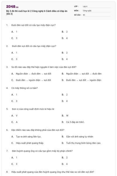 Bộ 3 đề thi cuối học kì 2 Công nghệ 6 Cánh diều có đáp án (Đề 3)