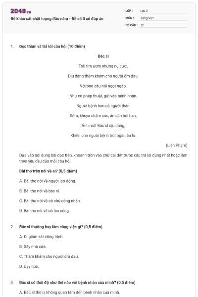 Đề khảo sát chất lượng đầu năm - Đề số 3 có đáp án