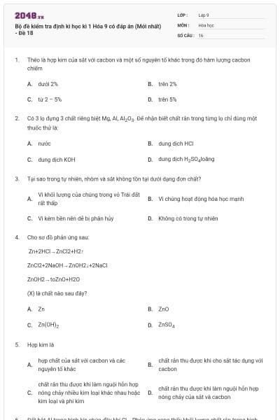Bộ đề kiểm tra định kì học kì 1 Hóa 9 có đáp án (Mới nhất) - Đề 18
