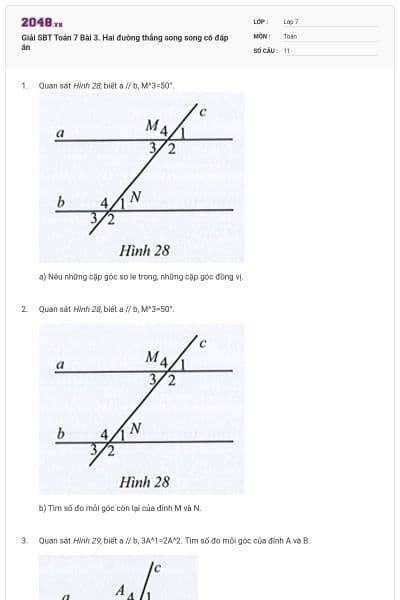 Giải SBT Toán 7 Bài 3. Hai đường thẳng song song có đáp án