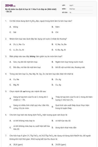 Bộ đề kiểm tra định kì học kì 1 Hóa 9 có đáp án (Mới nhất) - Đề 20