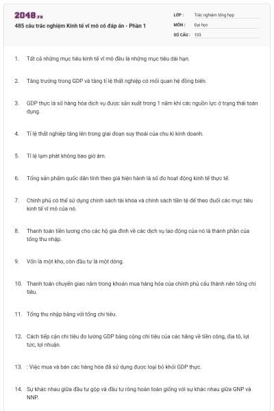 485 câu trắc nghiệm Kinh tế vĩ mô có đáp án - Phần 1