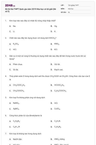 Đề thi thử THPT Quốc gia năm 2019 Hóa học có lời giải (Đề số 5)