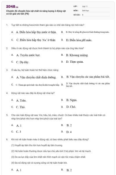 Chuyên đề chuyển hóa vật chất và năng lượng ở động vật có lời giải chi tiết (P8)
