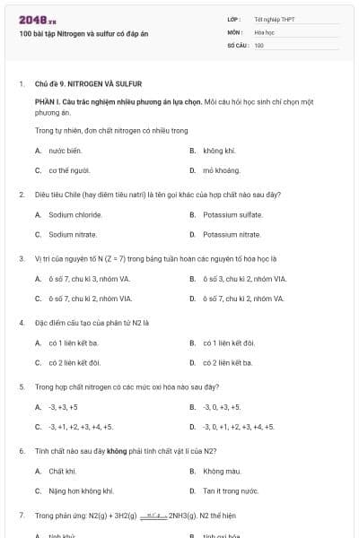 100 bài tập Nitrogen và sulfur có đáp án