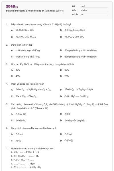 Đề kiểm tra cuối kì 2 Hóa 8 có đáp án (Mới nhất) (Đề 14)
