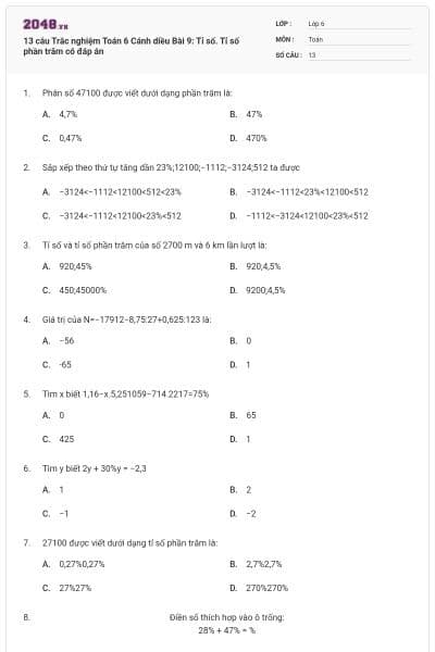 13 câu Trắc nghiệm Toán 6 Cánh diều Bài 9: Tỉ số. Tỉ số phần trăm có đáp án