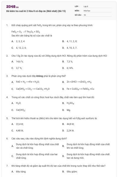 Đề kiểm tra cuối kì 2 Hóa 8 có đáp án (Mới nhất) (Đề 15)