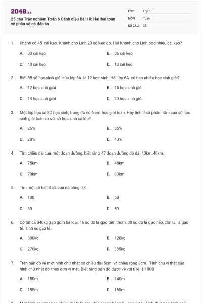 25 câu Trắc nghiệm Toán 6 Cánh diều Bài 10: Hai bài toán về phân số có đáp án