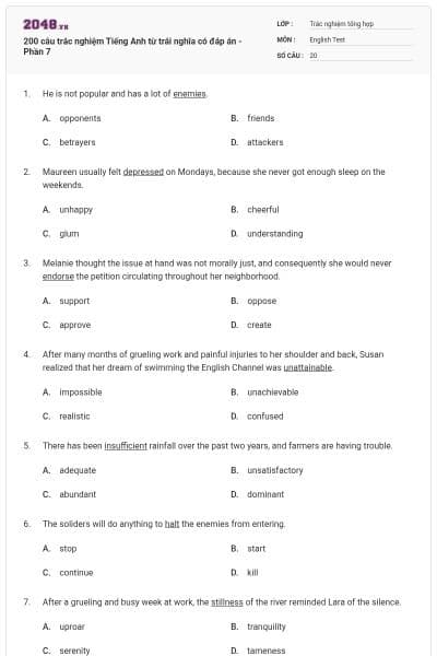 200 câu trắc nghiệm Tiếng Anh từ trái nghĩa có đáp án - Phần 7