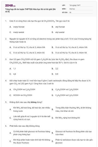 Tổng hợp đề ôn luyện THPTQG Hóa học thi có lời giải (Đề số 8)