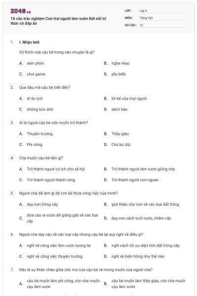 16 câu trắc nghiệm Con trai người làm vườn Kết nối tri thức có đáp án