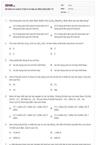 Đề kiểm tra cuối kì 2 Hóa 8 có đáp án (Mới nhất) (Đề 17)