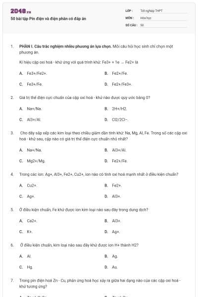50 bài tập Pin điện và điện phân có đáp án