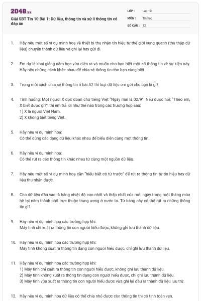 Giải  SBT Tin 10 Bài 1: Dữ liệu, thông tin và xử lí thông tin có đáp án