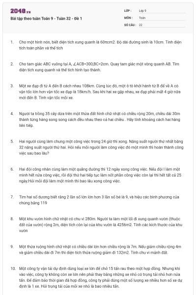 Bài tập theo tuần Toán 9 - Tuần 32 - Đề 1