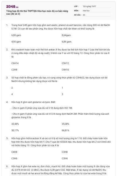 Tổng hợp đề thi thử THPTQG Hóa học mức độ cơ bản nâng cao (đề số 3)