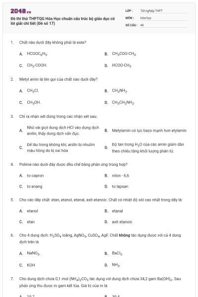 Đề thi thử THPTQG Hóa Học chuẩn cấu trúc bộ giáo dục có lời giải chi tiết (Đề số 17)