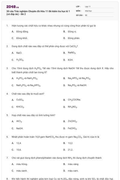 30 câu Trắc nghiệm Chuyên đề Hóa 11 Đề kiểm tra học kì 1 (có đáp án) - Đề 2