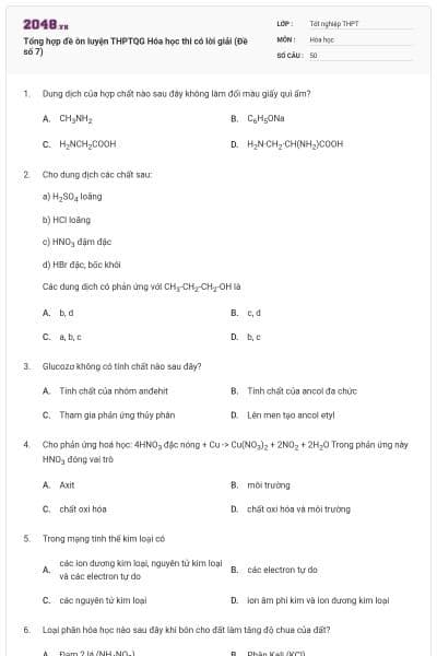 Tổng hợp đề ôn luyện THPTQG Hóa học thi có lời giải (Đề số 7)