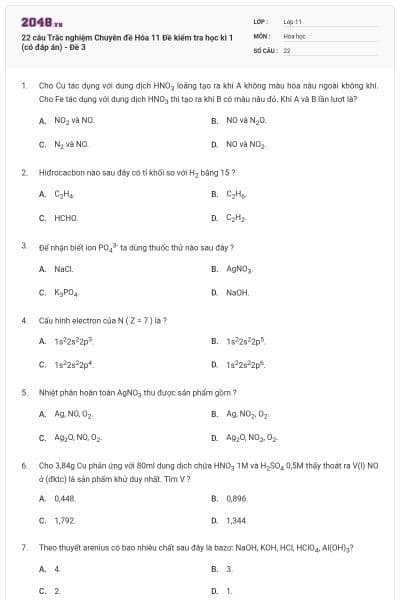 22 câu Trắc nghiệm Chuyên đề Hóa 11 Đề kiểm tra học kì 1 (có đáp án) - Đề 3