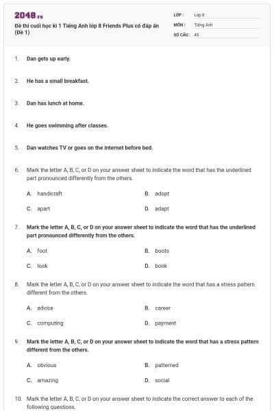 Đề thi cuối học kì 1 Tiếng Anh lớp 8 Friends Plus có đáp án (Đề 1)