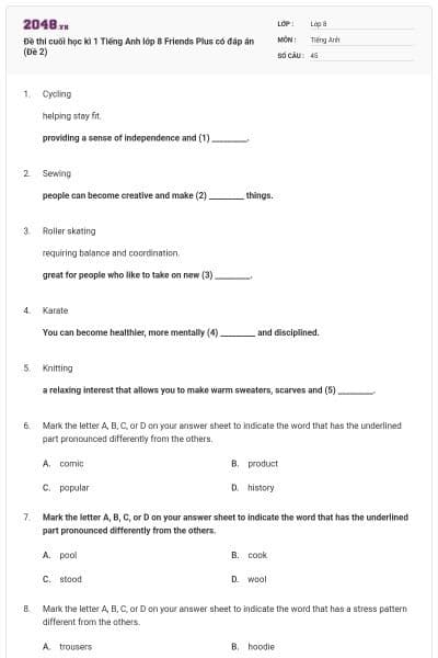 Đề thi cuối học kì 1 Tiếng Anh lớp 8 Friends Plus có đáp án (Đề 2)