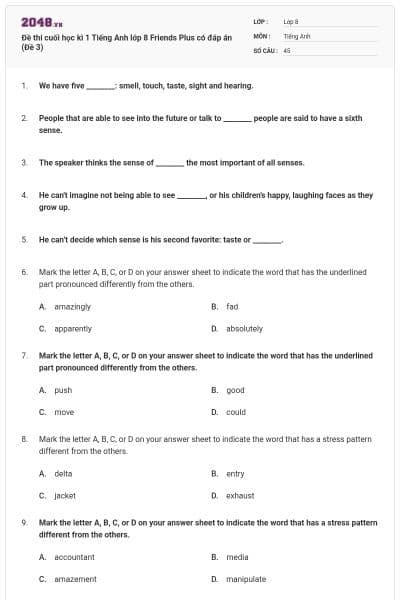 Đề thi cuối học kì 1 Tiếng Anh lớp 8 Friends Plus có đáp án (Đề 3)