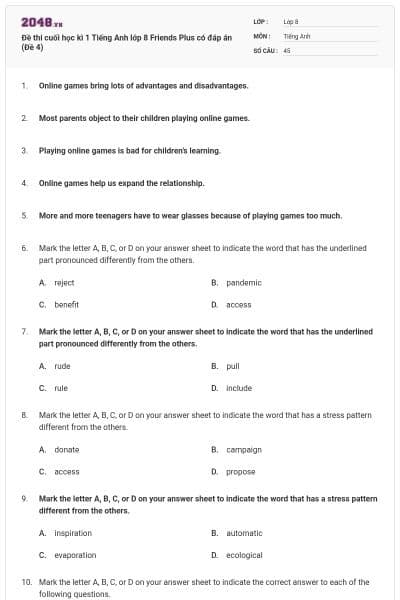 Đề thi cuối học kì 1 Tiếng Anh lớp 8 Friends Plus có đáp án (Đề 4)