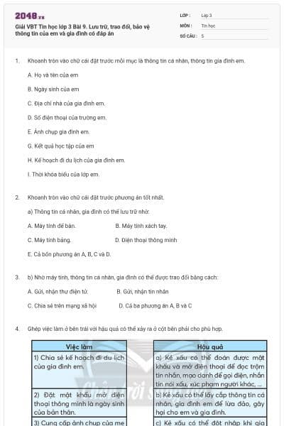 Giải VBT Tin học lớp 3 Bài 9. Lưu trữ, trao đổi, bảo vệ thông tin của em và gia đình có đáp án