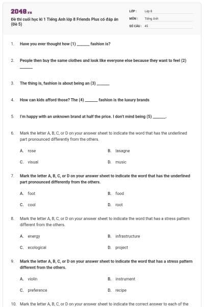 Đề thi cuối học kì 1 Tiếng Anh lớp 8 Friends Plus có đáp án (Đề 5)