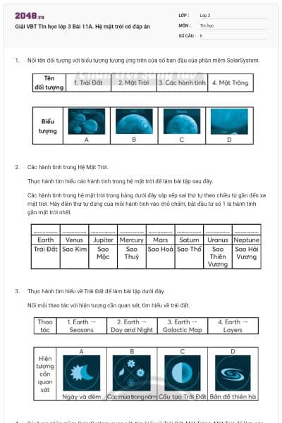 Giải VBT Tin học lớp 3 Bài 11A. Hệ mặt trời có đáp án