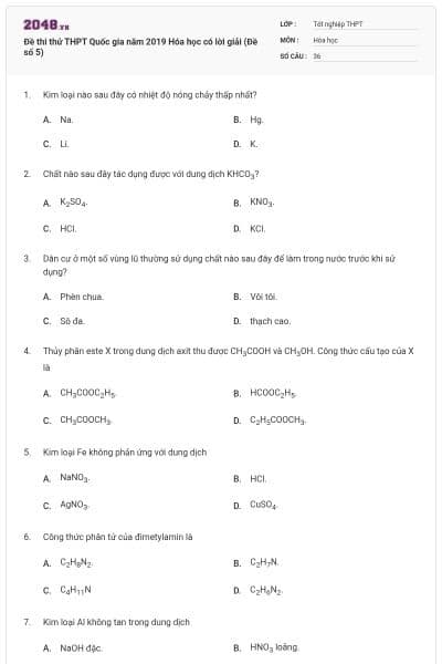 Đề thi thử THPT Quốc gia năm 2019 Hóa học có lời giải (Đề số 5)