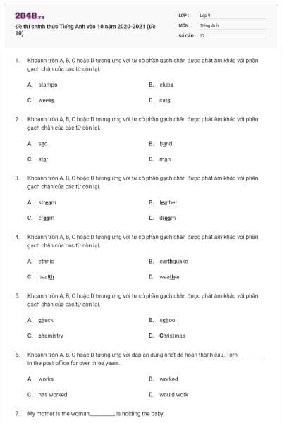 Đề thi chính thức Tiếng Anh vào 10 năm 2020-2021 (Đề 10)