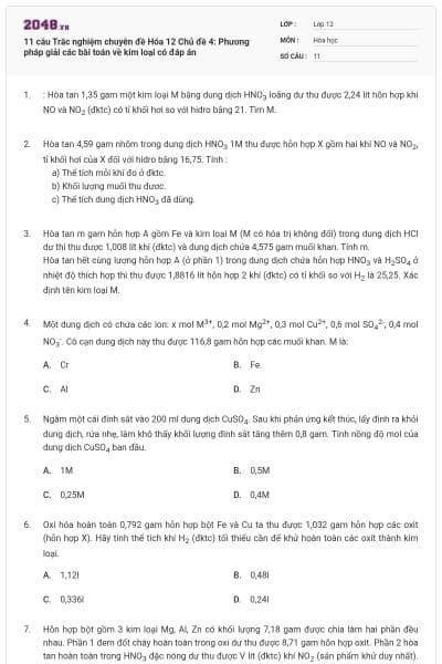 11 câu Trắc nghiệm chuyên đề Hóa 12 Chủ đề 4: Phương pháp giải các bài toán về kim loại có đáp án