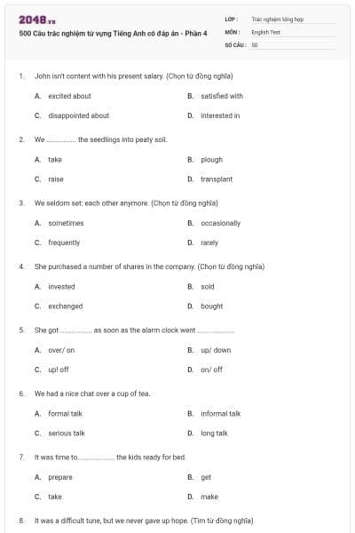 500 Câu trắc nghiệm từ vựng Tiếng Anh có đáp án - Phần 4