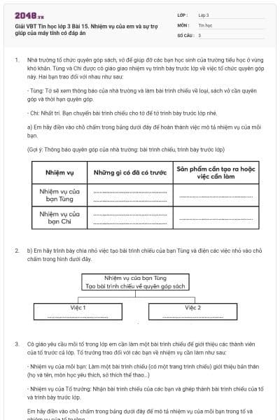 Giải VBT Tin học lớp 3 Bài 15. Nhiệm vụ của em và sự trợ giúp của máy tính có đáp án