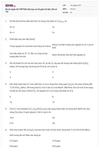 Đề ôn luyện thi THPTQG Hóa học có lời giải chi tiết ( Đề số 16)