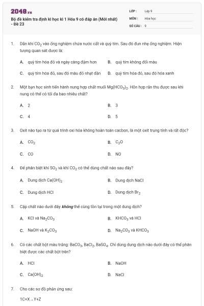 Bộ đề kiểm tra định kì học kì 1 Hóa 9 có đáp án (Mới nhất) - Đề 23