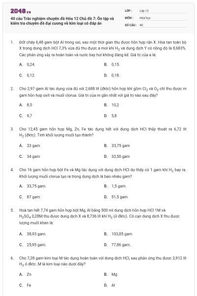 40 câu Trắc nghiệm chuyên đề Hóa 12 Chủ đề 7: Ôn tập và kiếm tra chuyên đề đại cương về kim loại có đáp án