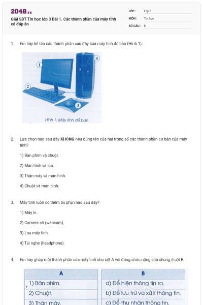 Giải SBT Tin học lớp 3 Bài 1. Các thành phần của máy tính có đáp án
