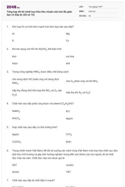 Tổng hợp đề thi minh họa Hóa Hoc chuẩn cấu trúc Bộ giáo dục có đáp án (đề số 16)