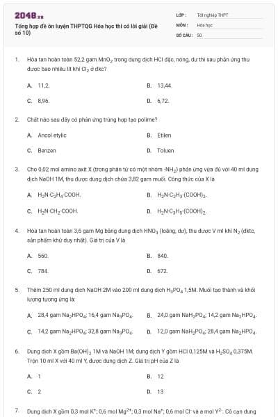 Tổng hợp đề ôn luyện THPTQG Hóa học thi có lời giải (Đề số 10)