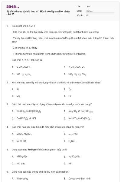 Bộ đề kiểm tra định kì học kì 1 Hóa 9 có đáp án (Mới nhất) - Đề 25