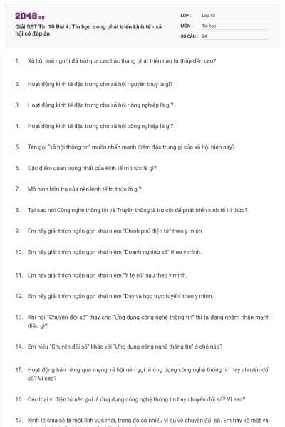 Giải SBT Tin 10 Bài 4: Tin học trong phát triển kinh tế - xã hội có đáp án