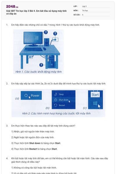 Giải SBT Tin học lớp 3 Bài 4. Em bắt đầu sử dụng máy tính có đáp án