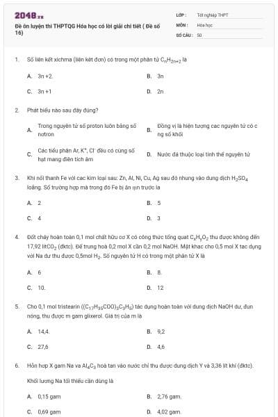 Đề ôn luyện thi THPTQG Hóa học có lời giải chi tiết ( Đề số 16)