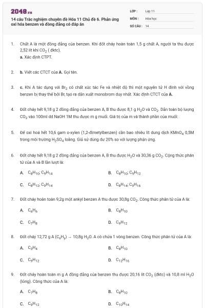14 câu Trắc nghiệm chuyên đề Hóa 11 Chủ đề 6. Phản ứng oxi hóa benzen và đồng đẳng có đáp án