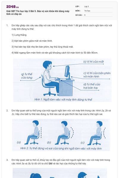 Giải SBT Tin học lớp 3 Bài 5. Bảo vệ sức khỏe khi dùng máy tính có đáp án